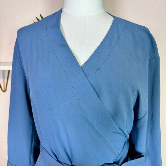 EVERLANE Japanese GoWeave Wrap Dress Blue Three Quarter Sleeve 10 - Picture 4 of 8